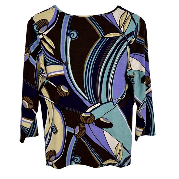 Chicos Sz MEDIUM 1 Stretchy Black Purple 3/4 Sleeve Blouse Shirt Top Abstract - Picture 7 of 7